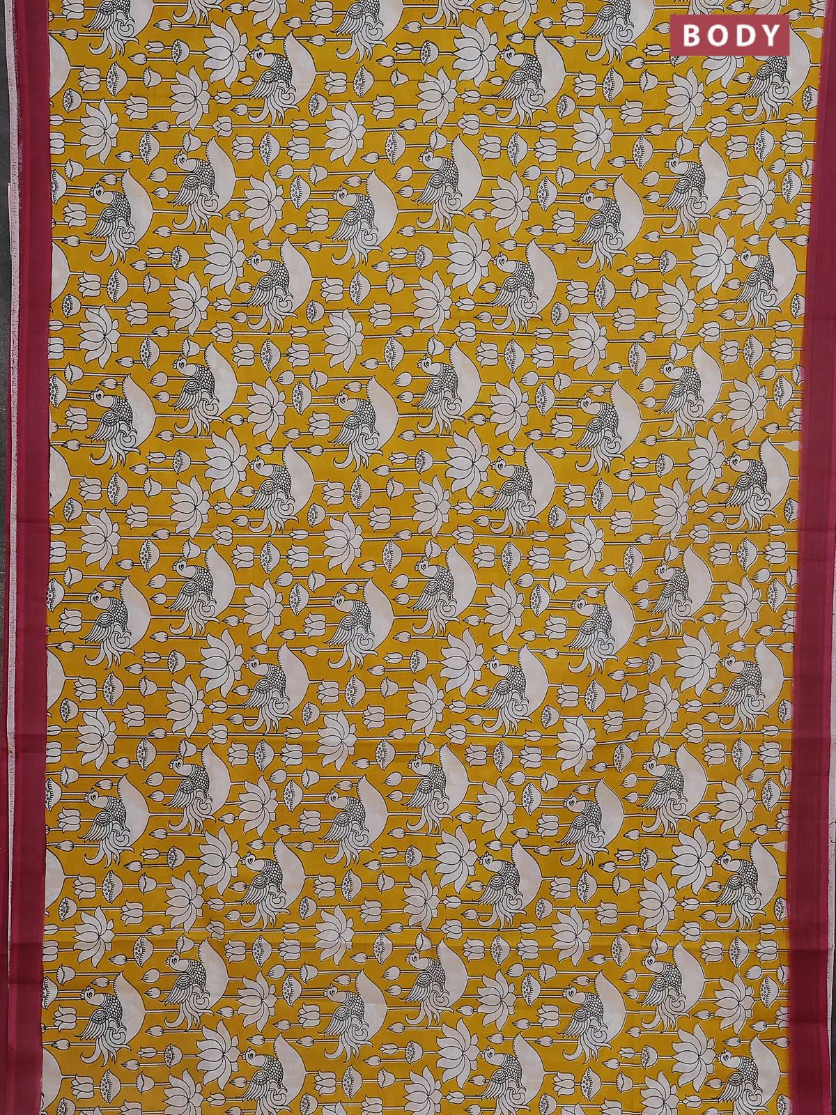Kalamkari semi silk saree yellow and mauve pink with allover prints and simple border - Image 2