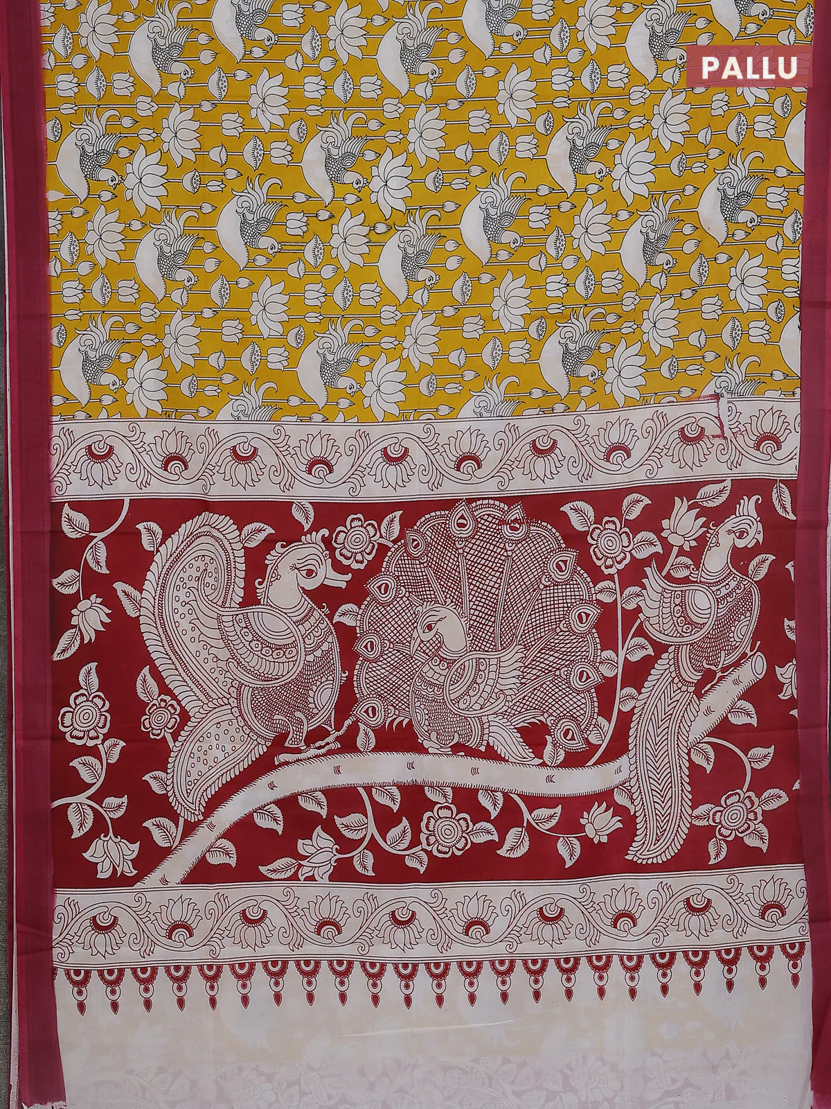 Kalamkari semi silk saree yellow and mauve pink with allover prints and simple border - Image 3
