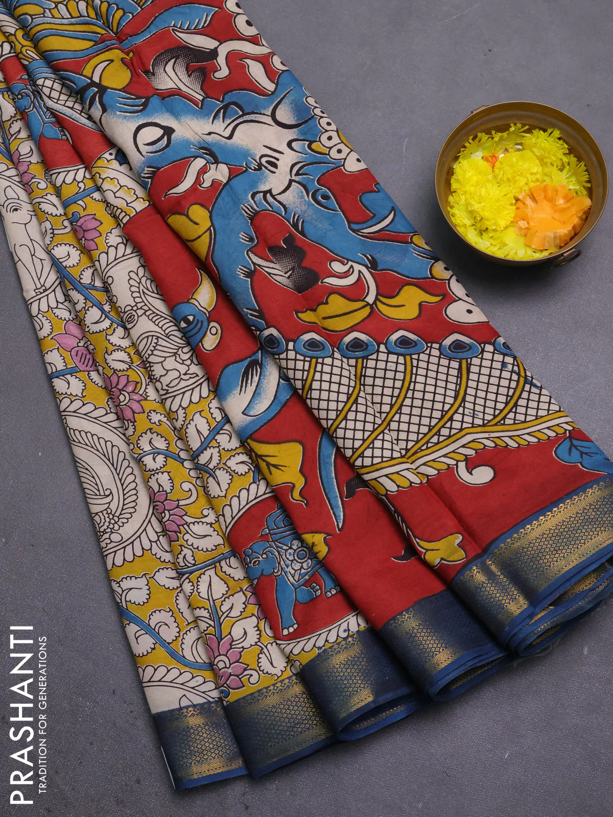 Kalamkari semi silk saree yellow and peacock blue with allover prints and mangalgiri border