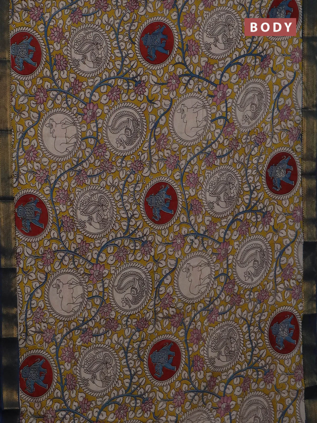 Kalamkari semi silk saree yellow and peacock blue with allover prints and mangalgiri border - Image 2