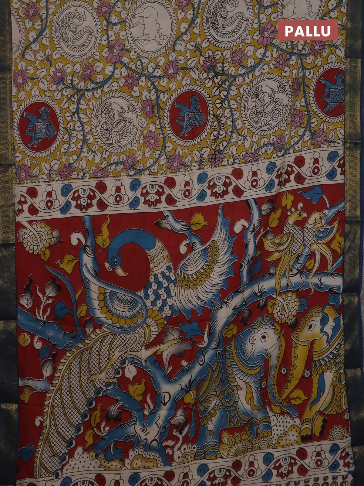 Kalamkari semi silk saree yellow and peacock blue with allover prints and mangalgiri border - Image 3