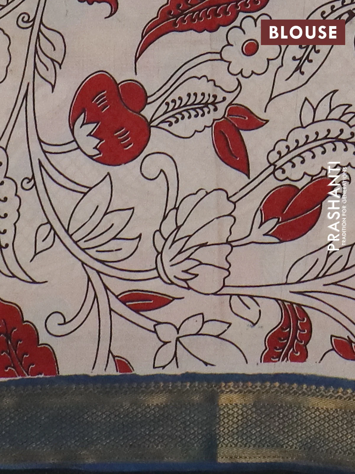 Kalamkari semi silk saree yellow and peacock blue with allover prints and mangalgiri border - Image 4