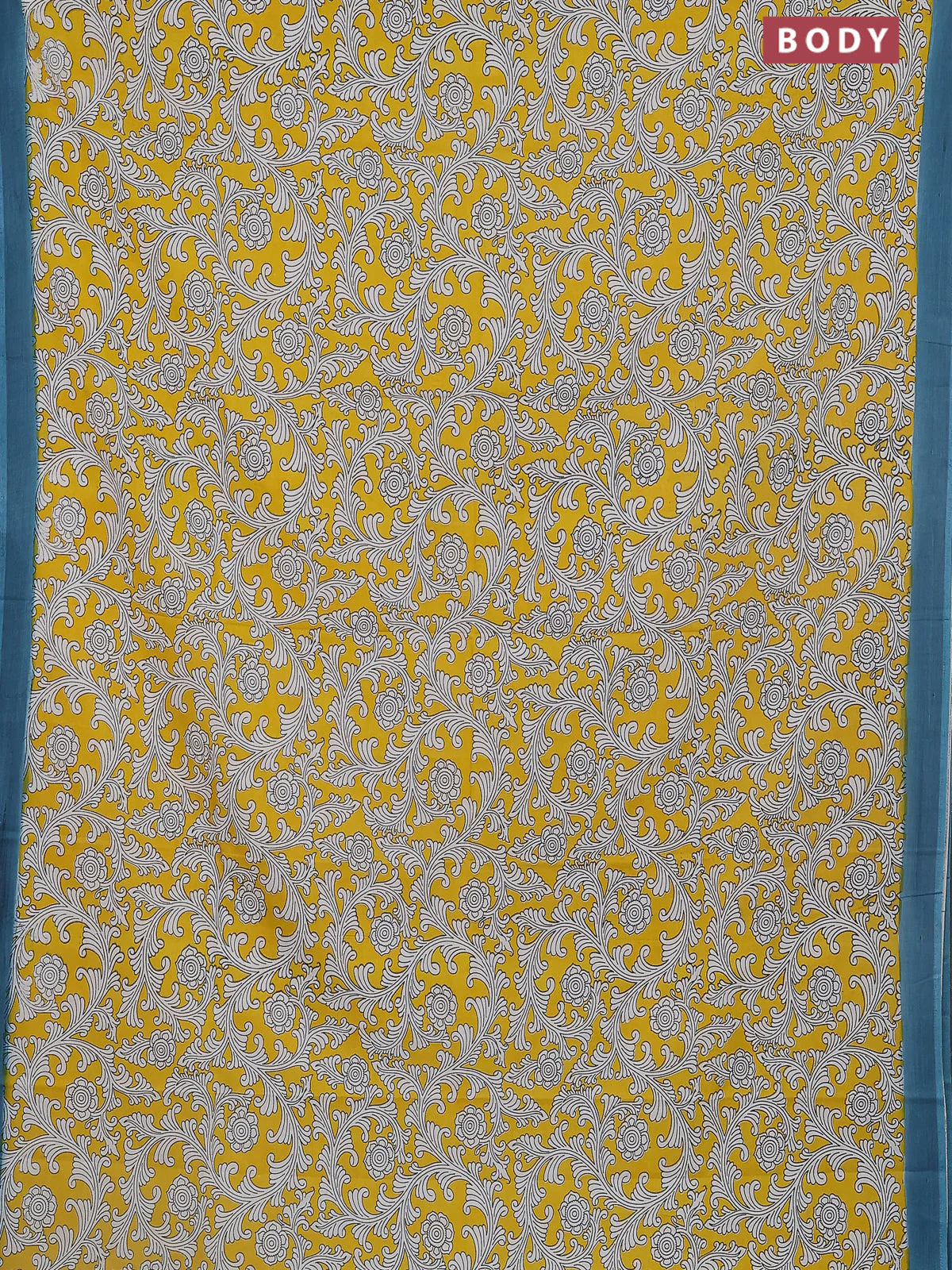 Kalamkari semi silk saree yellow and peacock blue with allover prints and simple border - Image 2