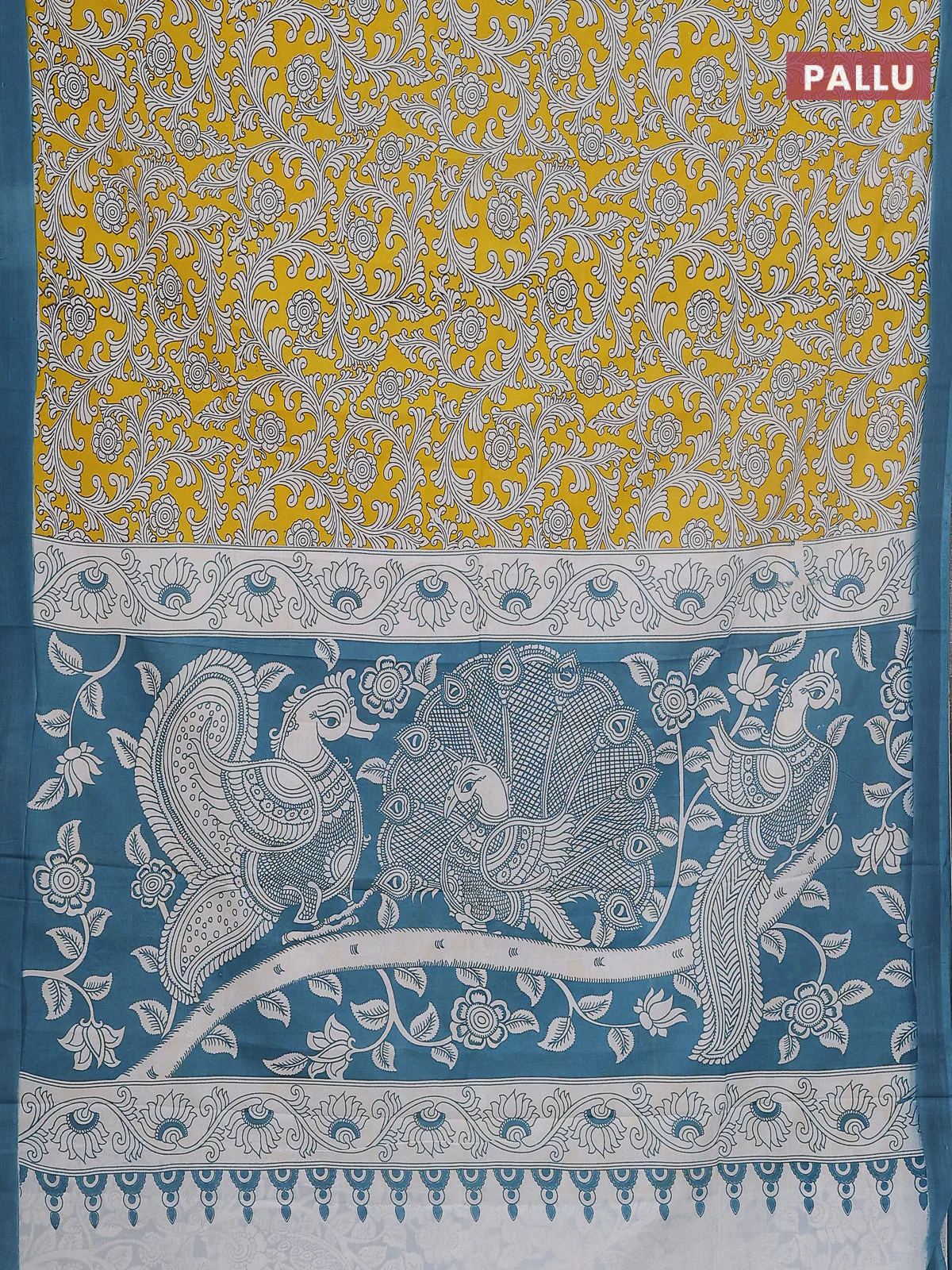 Kalamkari semi silk saree yellow and peacock blue with allover prints and simple border - Image 3