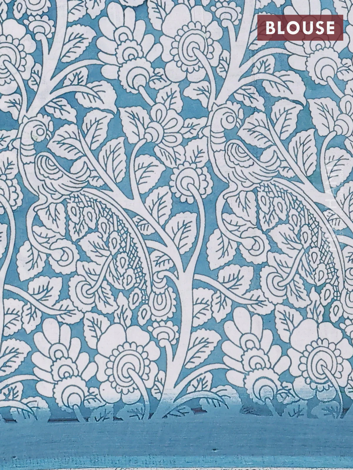 Kalamkari semi silk saree yellow and peacock blue with allover prints and simple border - Image 4