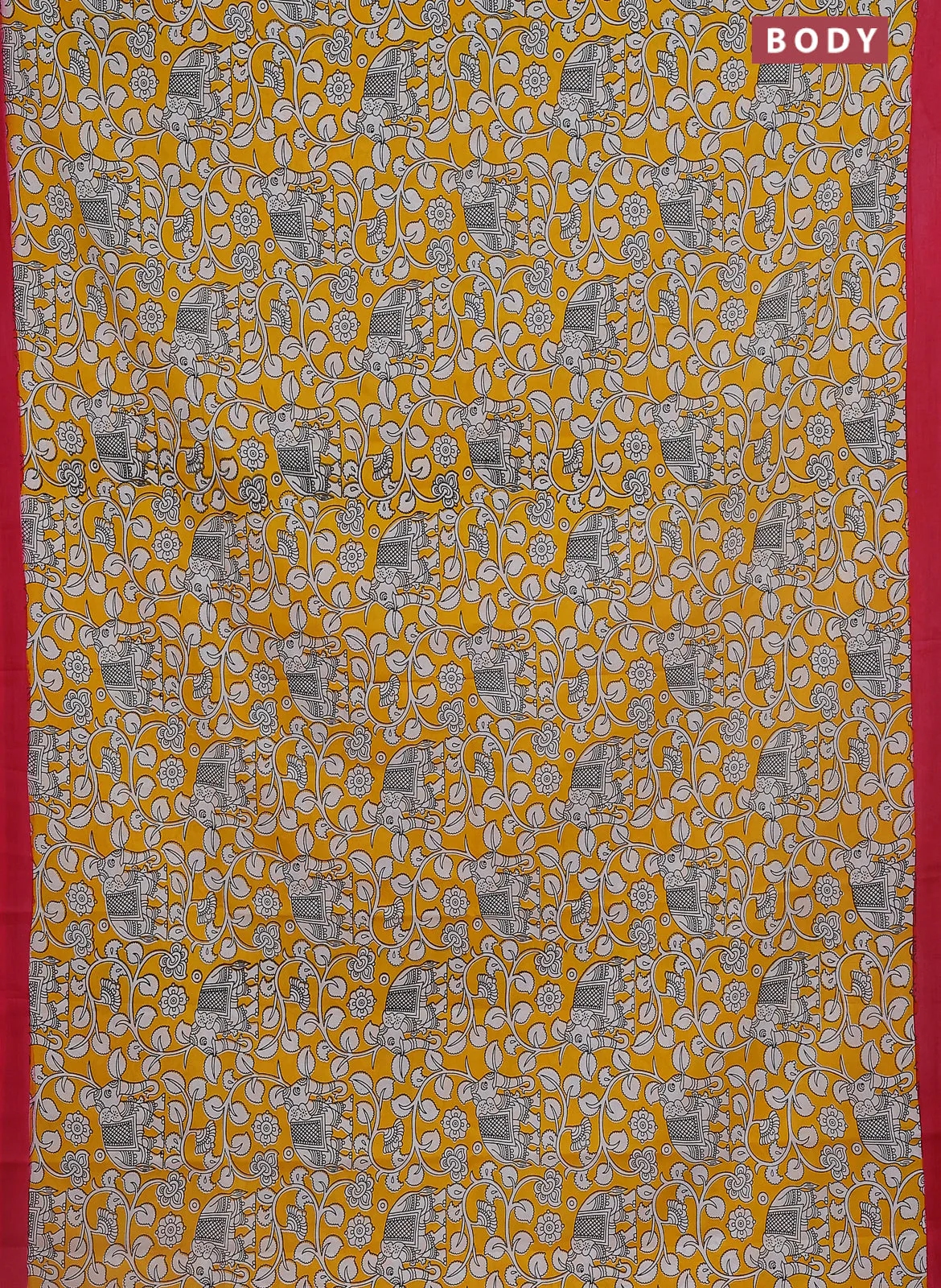Kalamkari semi silk saree yellow and pink with allover prints and simple border - Image 2