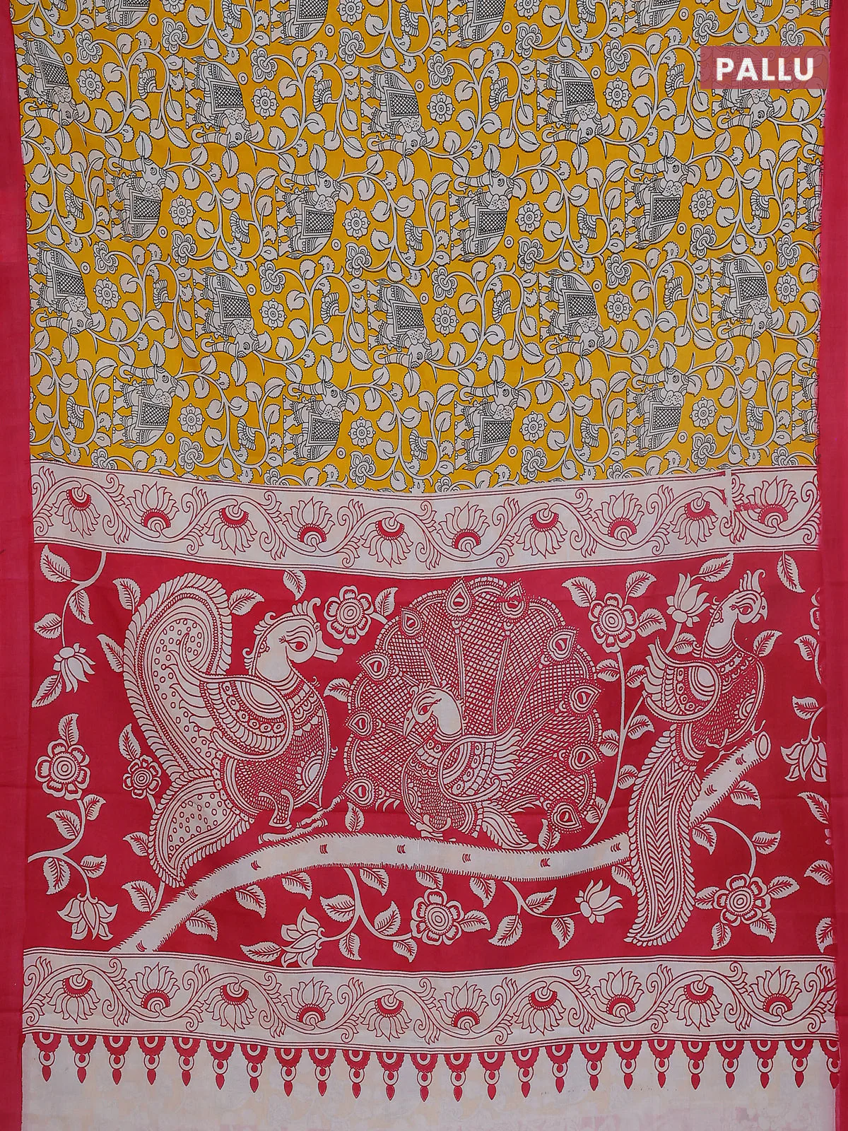 Kalamkari semi silk saree yellow and pink with allover prints and simple border - Image 3