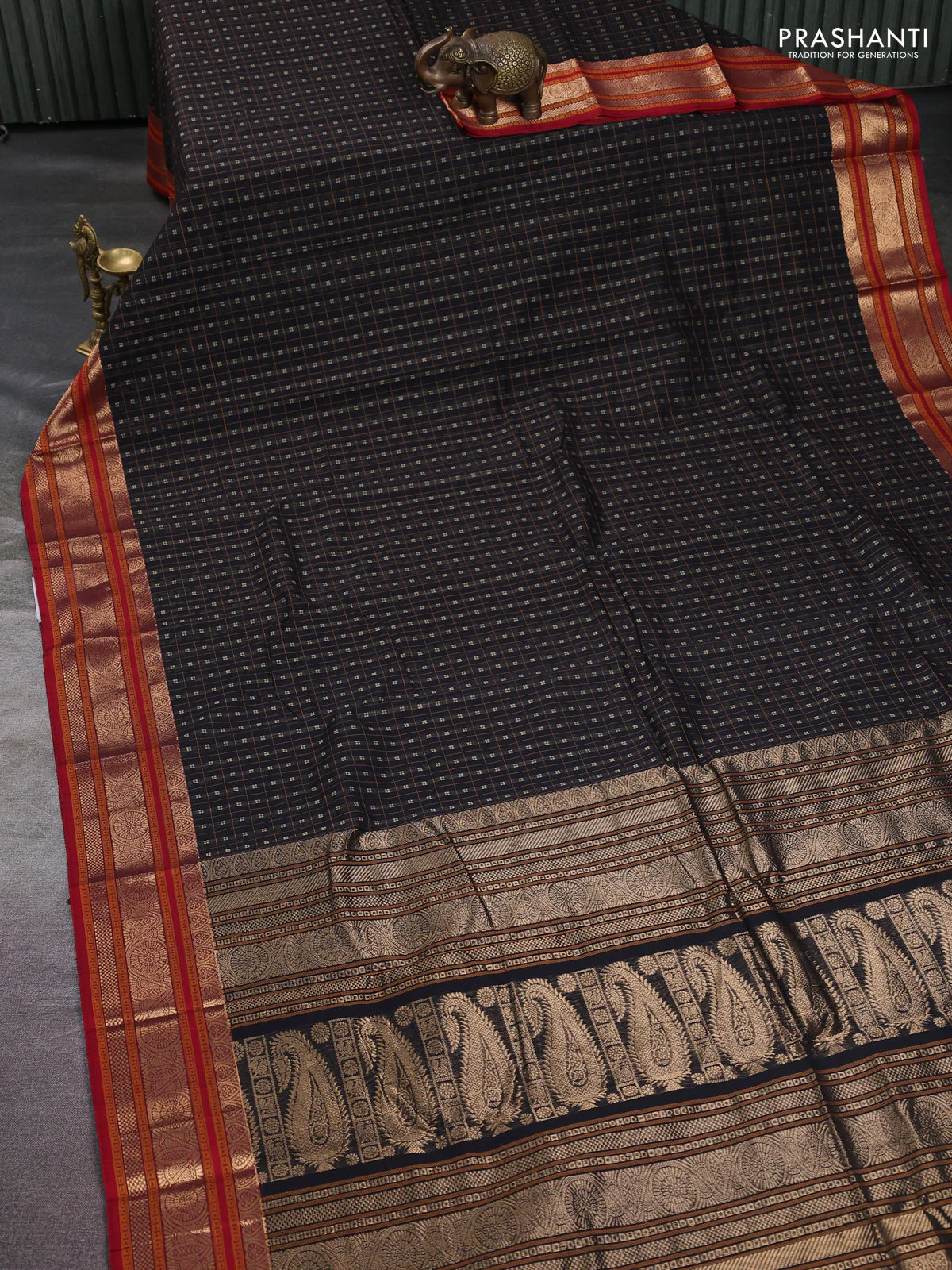 Kanchi cotton saree black and maroon with allover thread checks & buttas and zari woven border - Image 2