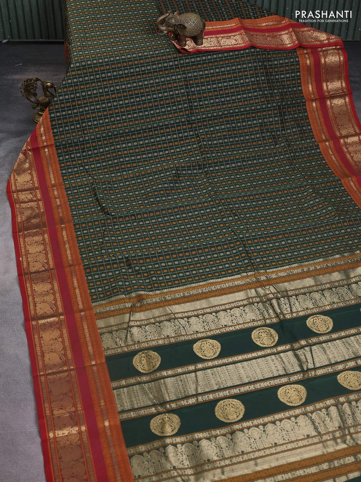 Kanchi cotton saree bottle green and maroon with allover thread checks & buttas and rettapet zari woven butta border - Image 2