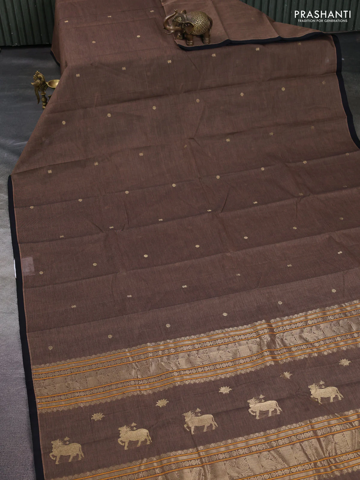 Kanchi cotton saree brown and black with zari woven buttas and piping border - Image 2