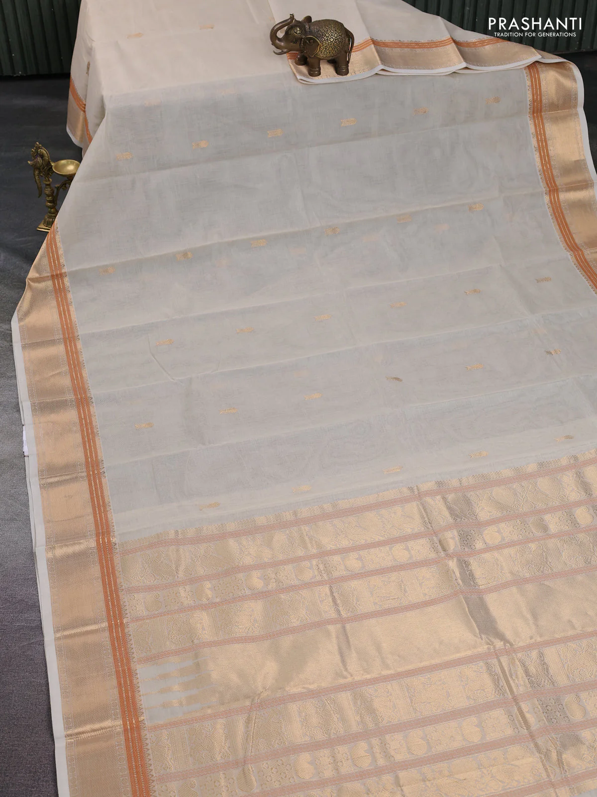 Kanchi cotton saree cream with zari woven buttas and zari woven border - Image 2