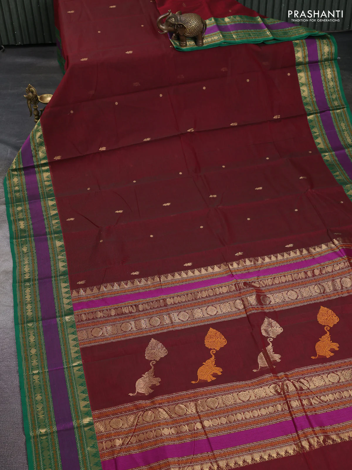 Kanchi cotton saree deep maroon and green with zari woven buttas and temple design zari woven border - Image 2