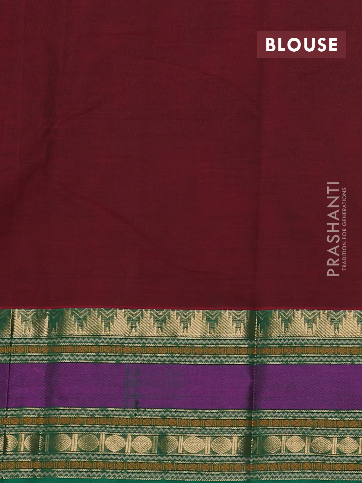Kanchi cotton saree deep maroon and green with zari woven buttas and temple design zari woven border - Image 3