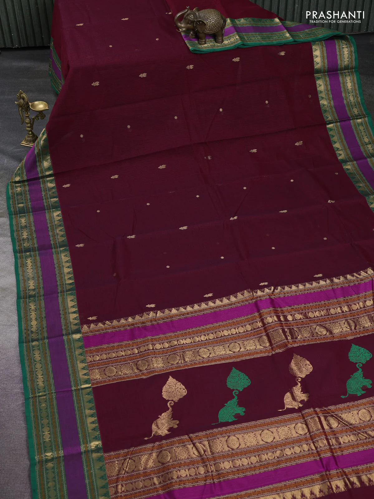 Kanchi cotton saree deep maroon and green with zari woven buttas and temple design zari woven border - Image 2