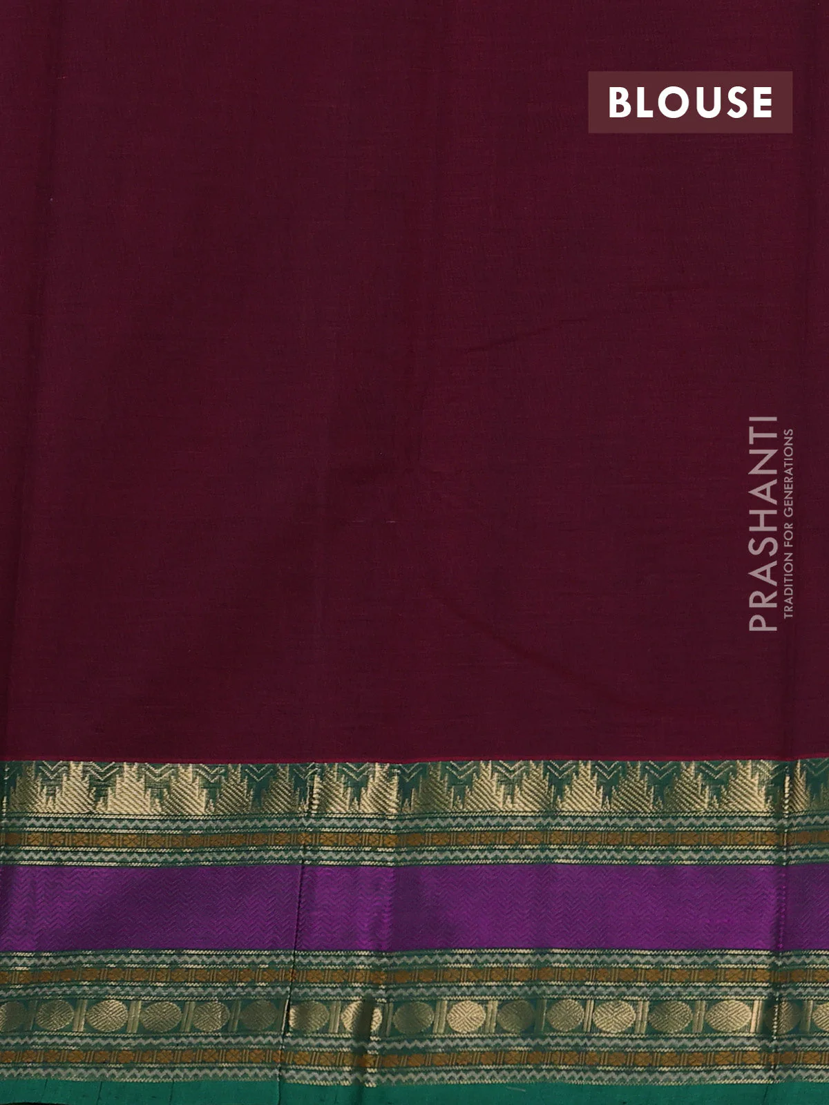 Kanchi cotton saree deep maroon and green with zari woven buttas and temple design zari woven border - Image 3