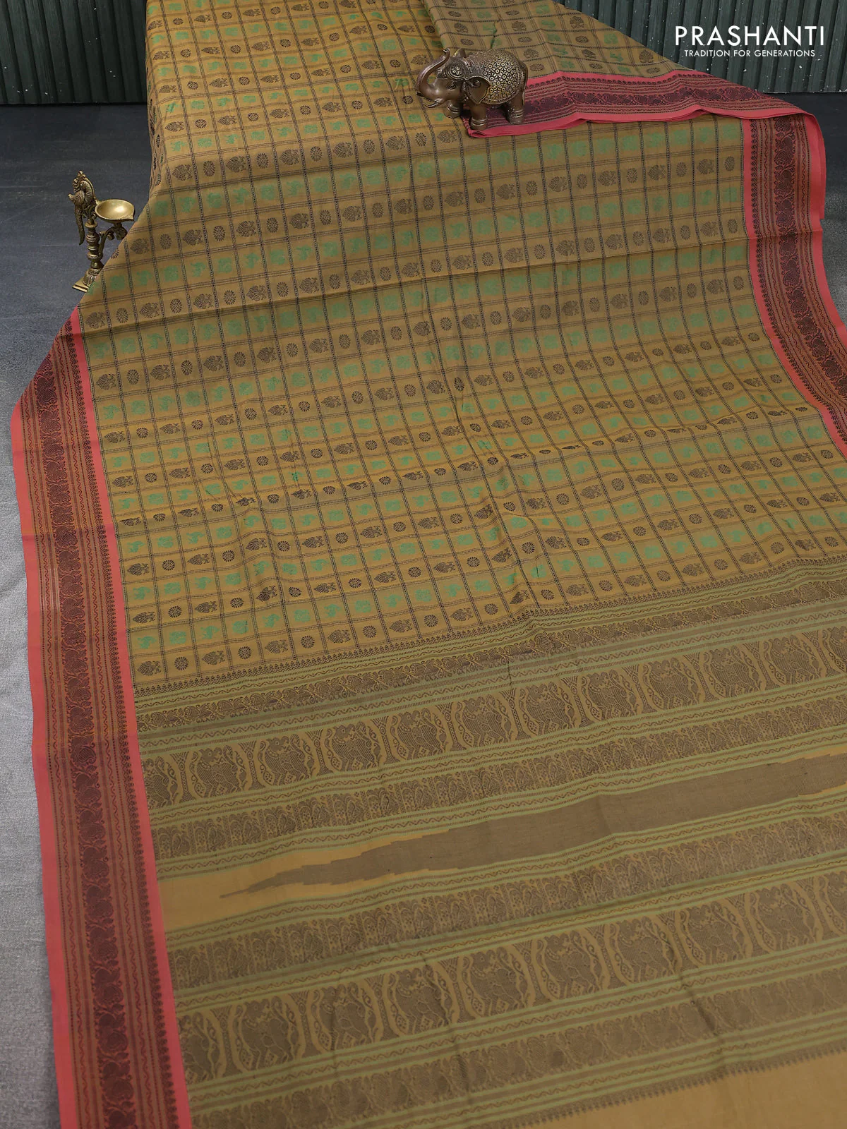 Kanchi cotton saree military green and dual shade of pink with allover checked pattern & buttas and thread woven border - Image 2