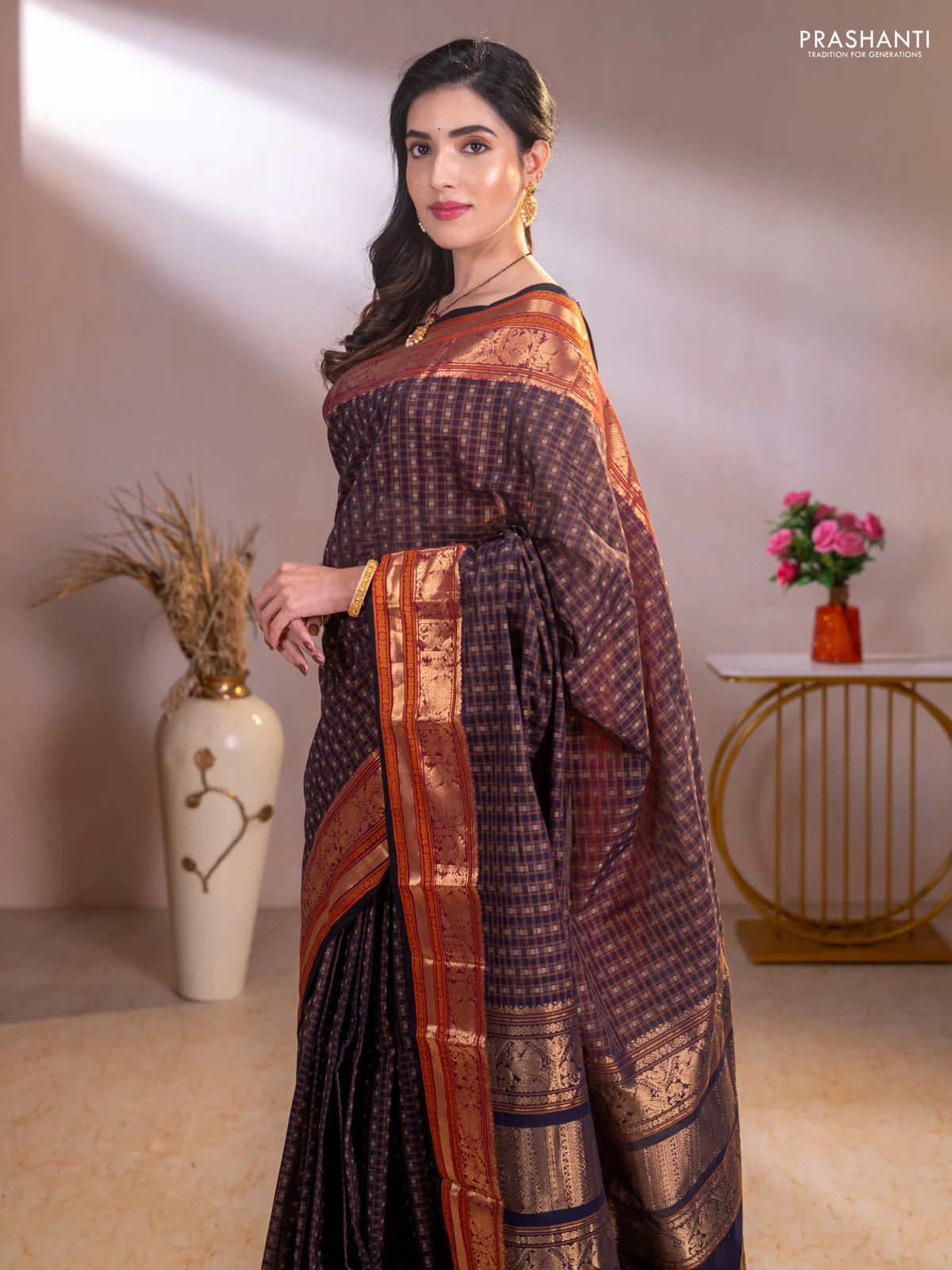 Kanchi cotton saree navy blue and black with allover thread checks & buttas and zari woven butta border - Image 3