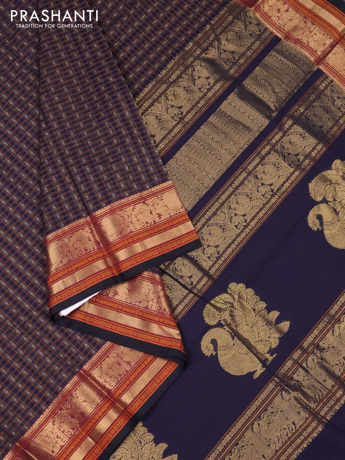 Kanchi cotton saree navy blue and black with allover thread checks & buttas and zari woven butta border - Image 5