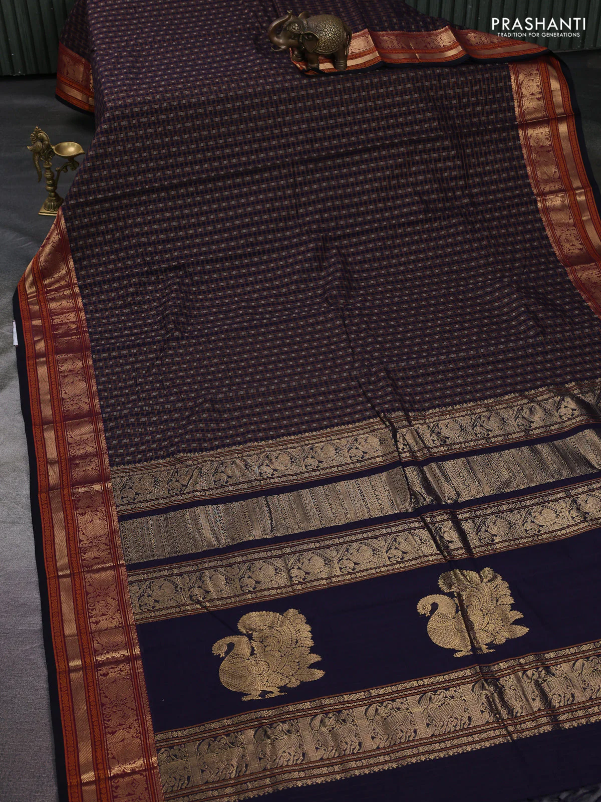 Kanchi cotton saree navy blue and black with allover thread checks & buttas and zari woven butta border - Image 6