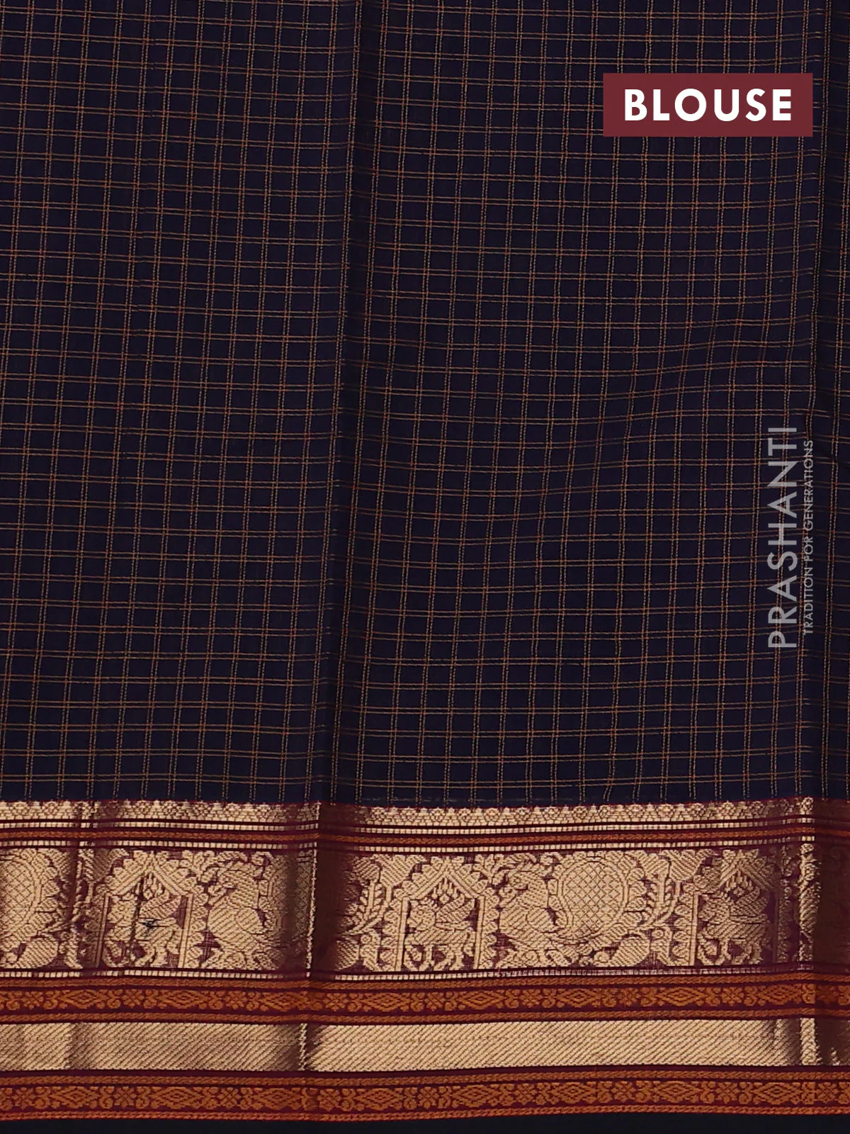 Kanchi cotton saree navy blue and black with allover thread checks & buttas and zari woven butta border - Image 7