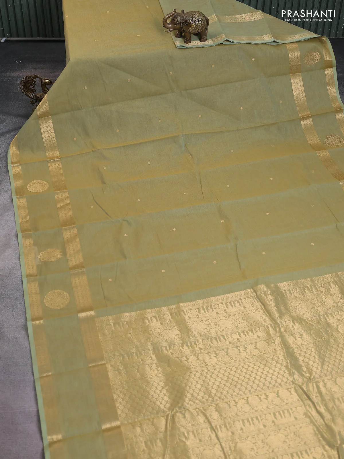 Kanchi cotton saree pastel green with zari woven buttas and rettapet zari woven butta border - Image 2