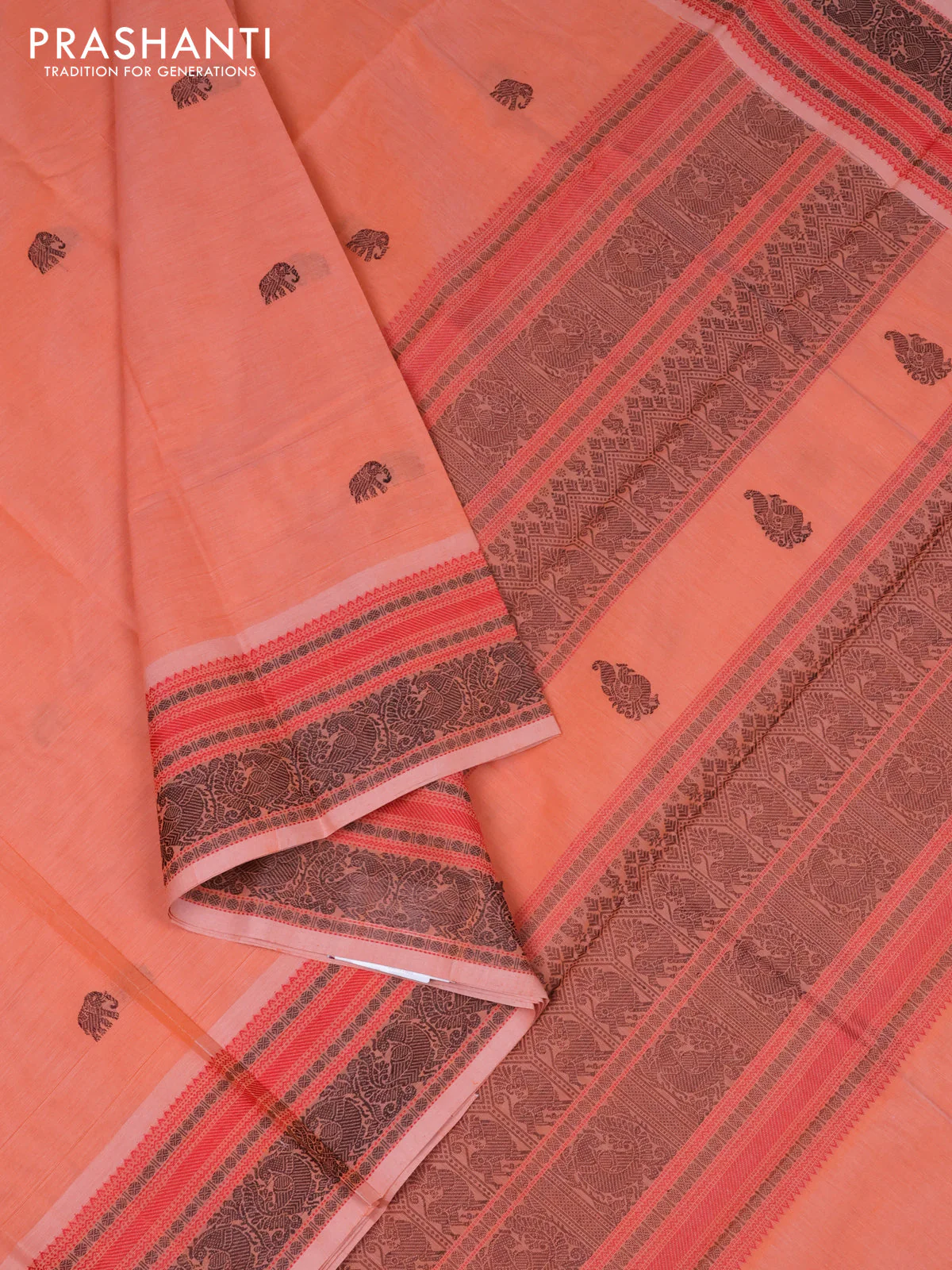 Kanchi cotton saree peach orange with plain body and thread woven border