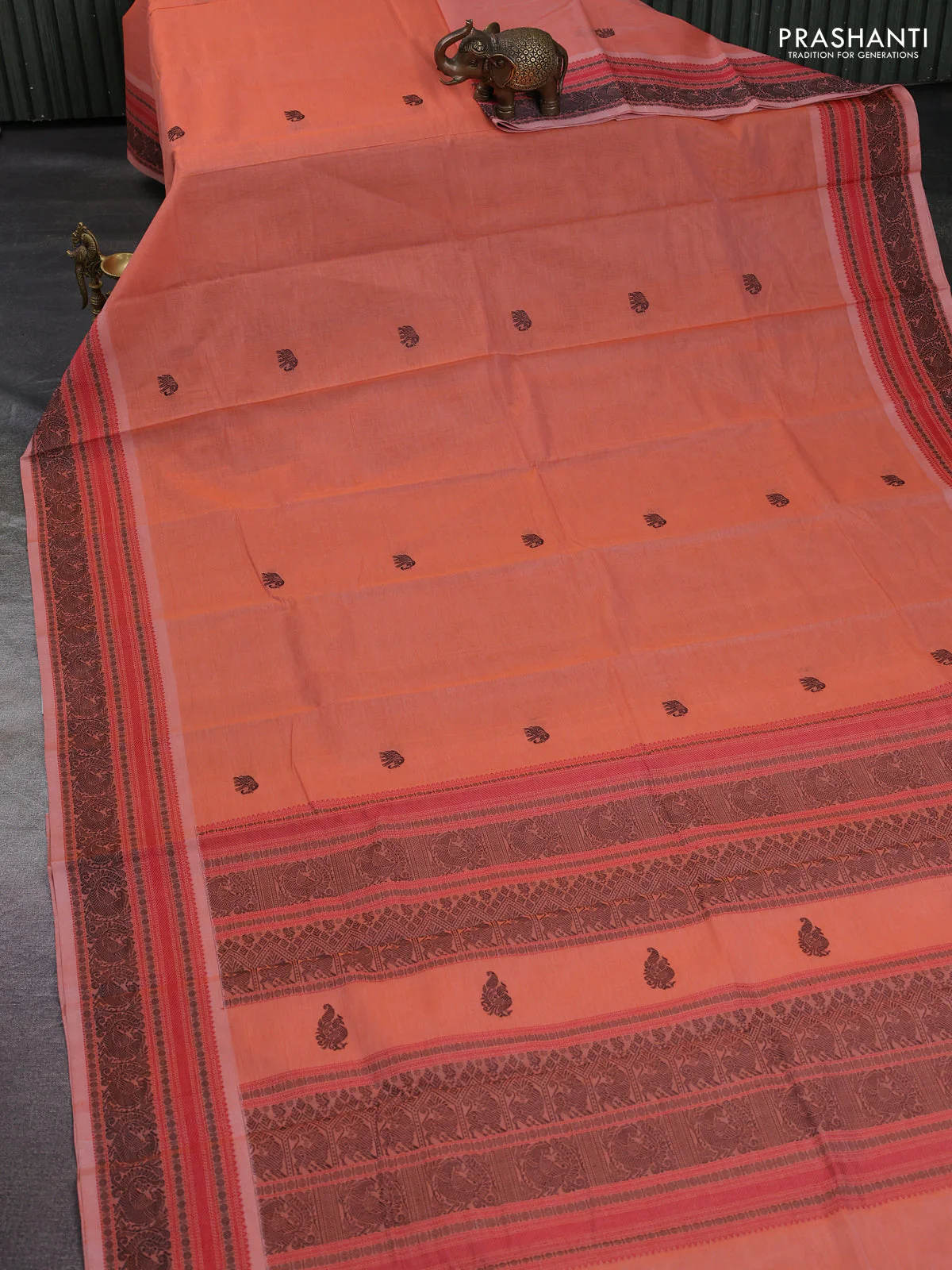 Kanchi cotton saree peach orange with plain body and thread woven border - Image 2