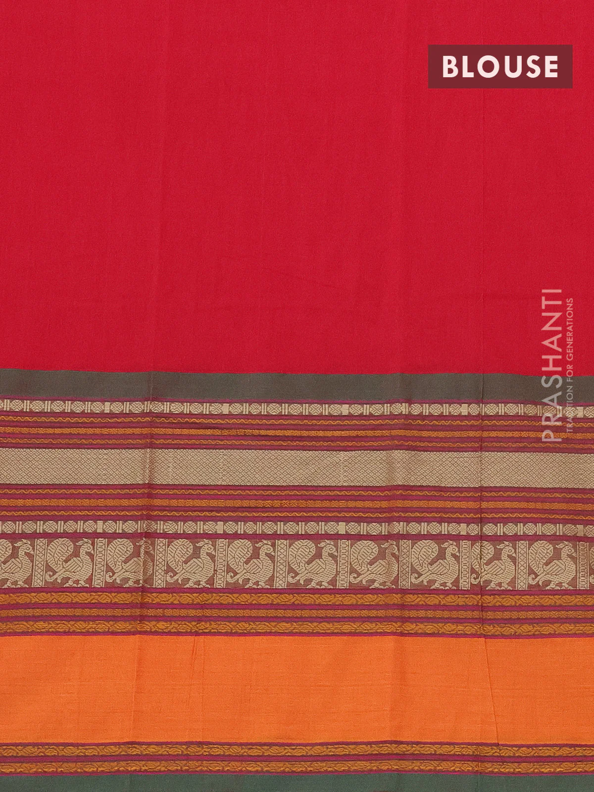 Kanchi cotton saree red and green with plain body and long thread woven border - Image 3