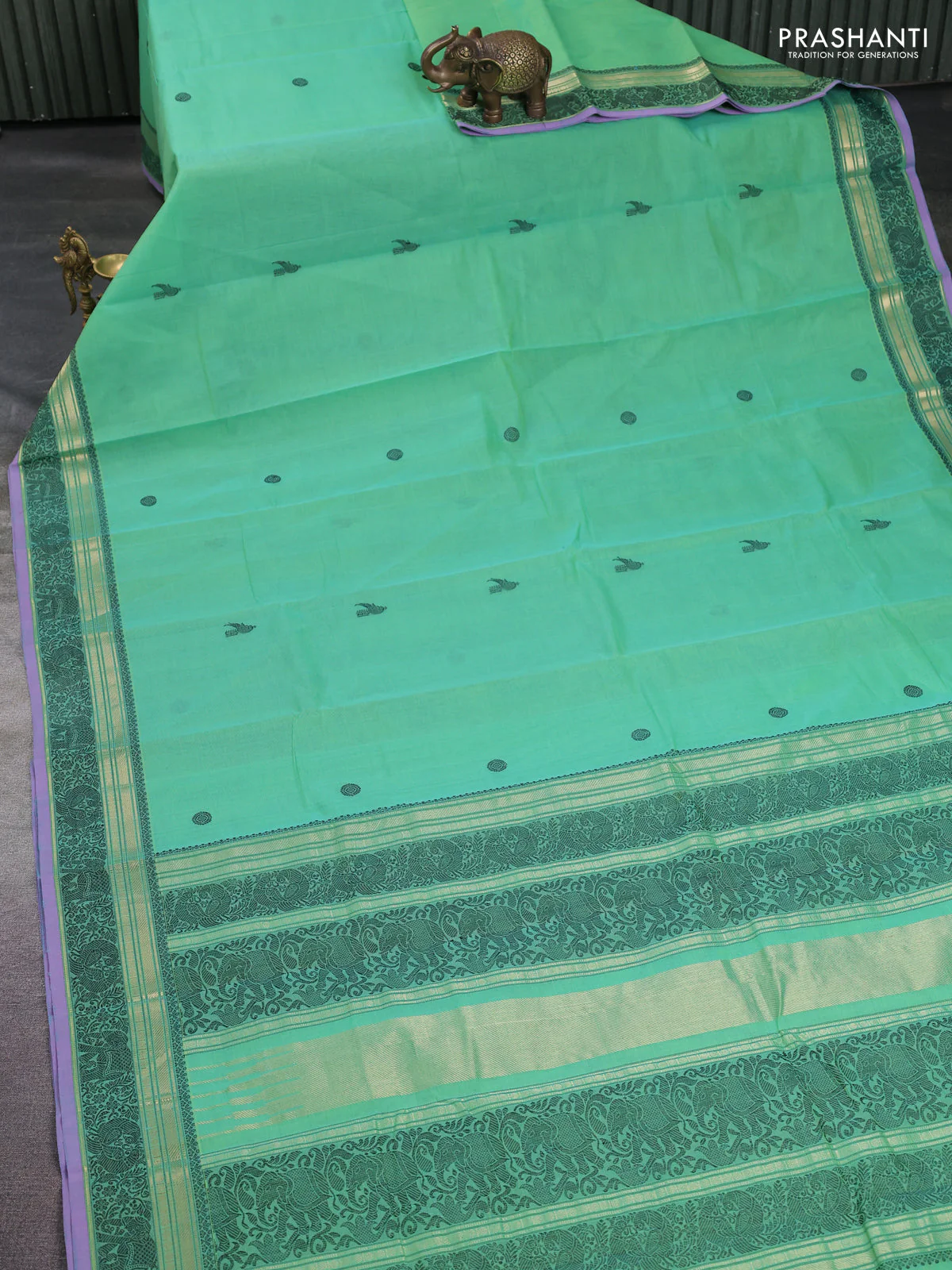 Kanchi cotton saree teal green and lavender with annam thread woven buttas and thread & zari woven border - Image 2