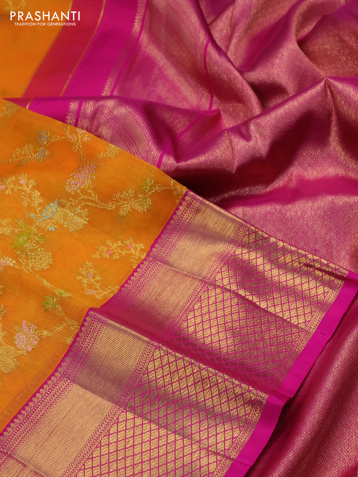 Kanchipuram kora silk saree orange and pink with allover floral zari weaves and zari woven border - Image 3