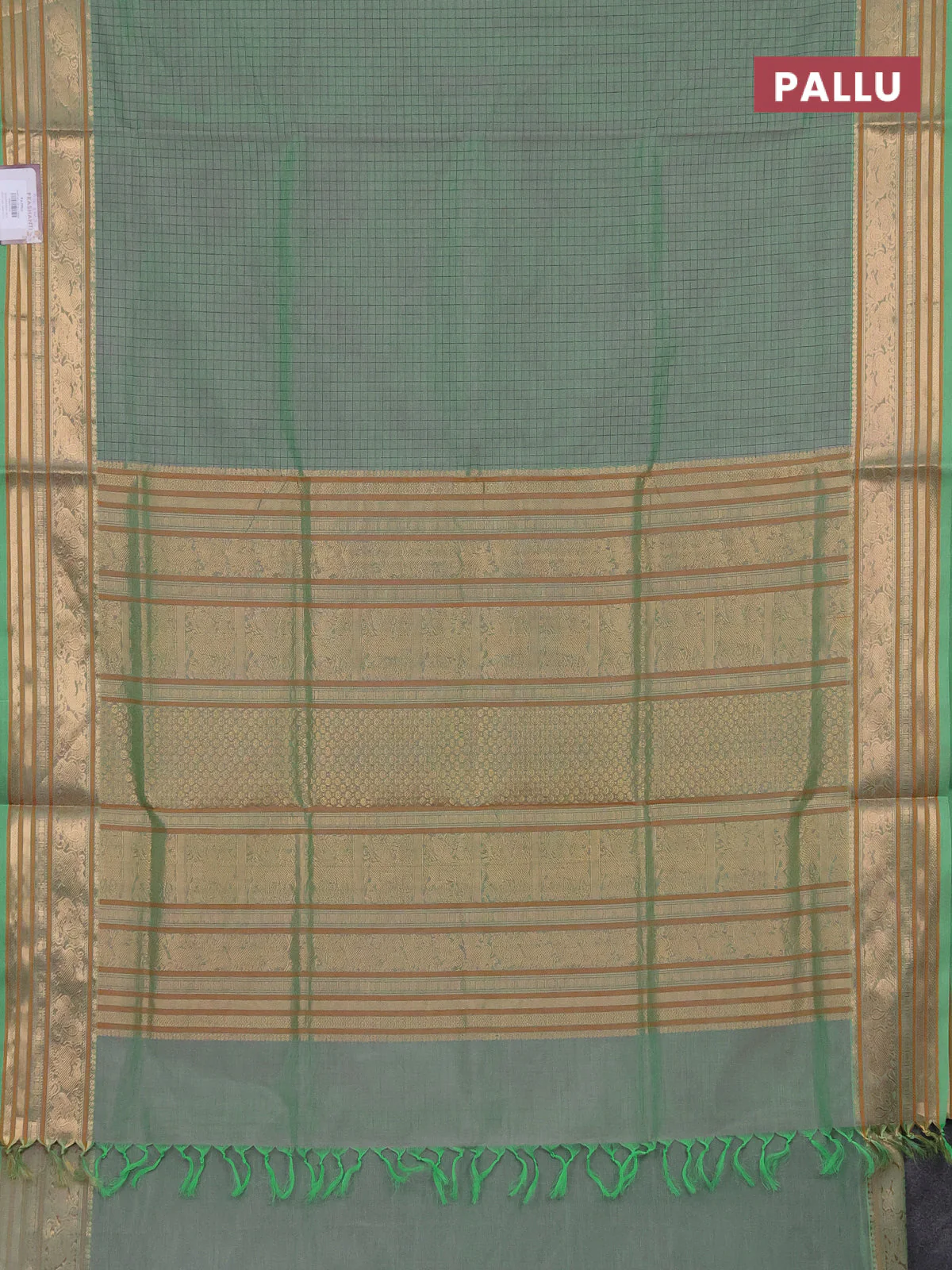 Kanchipuram silk cotton saree dual shade of green with allover thread woven checked pattern and zari woven border - Image 3