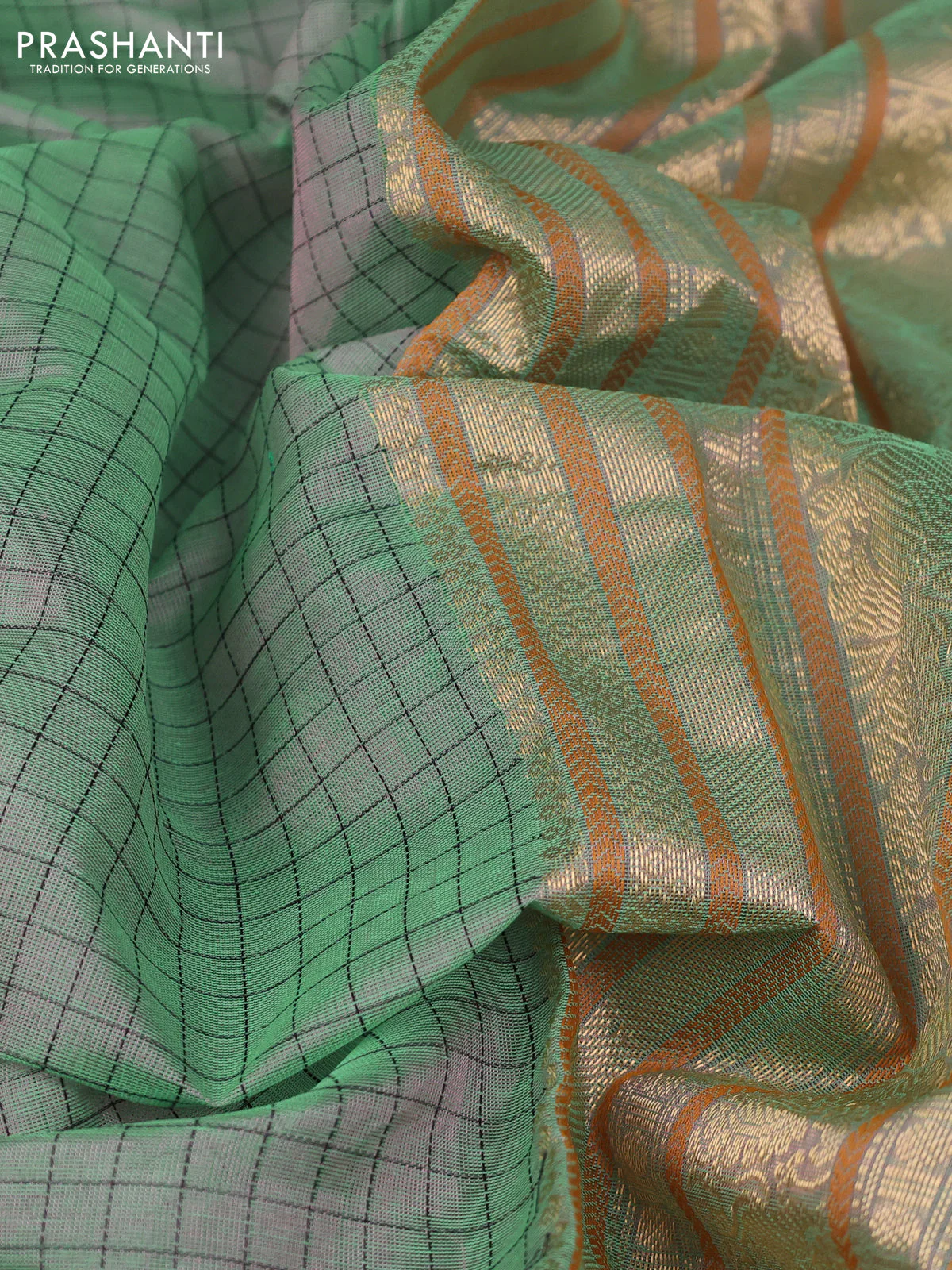 Kanchipuram silk cotton saree dual shade of green with allover thread woven checked pattern and zari woven border - Image 4