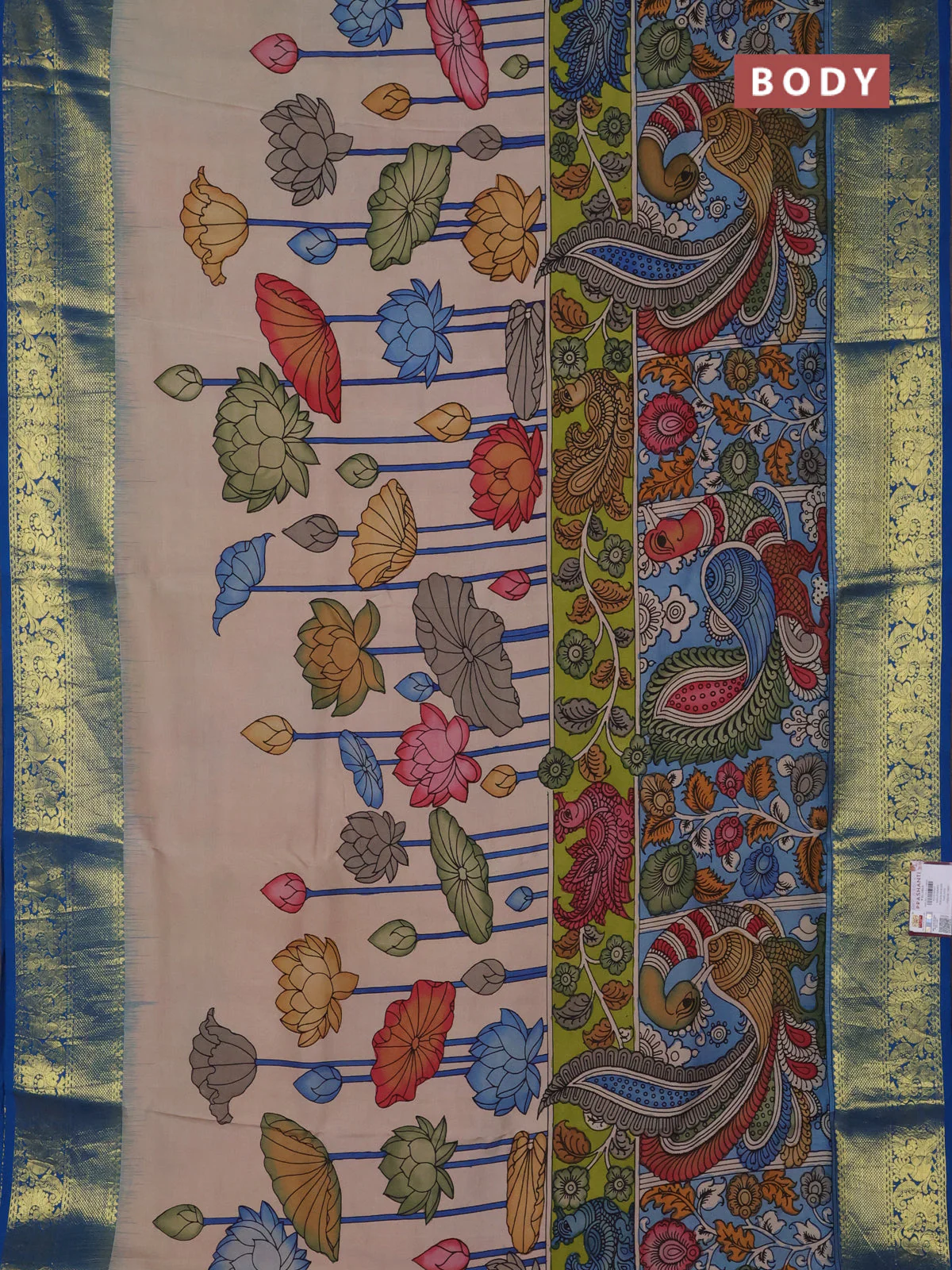 Pure kanchipuram silk saree beige and cs blue with allover penkalamkari prints and rich annam zari woven border - Image 2