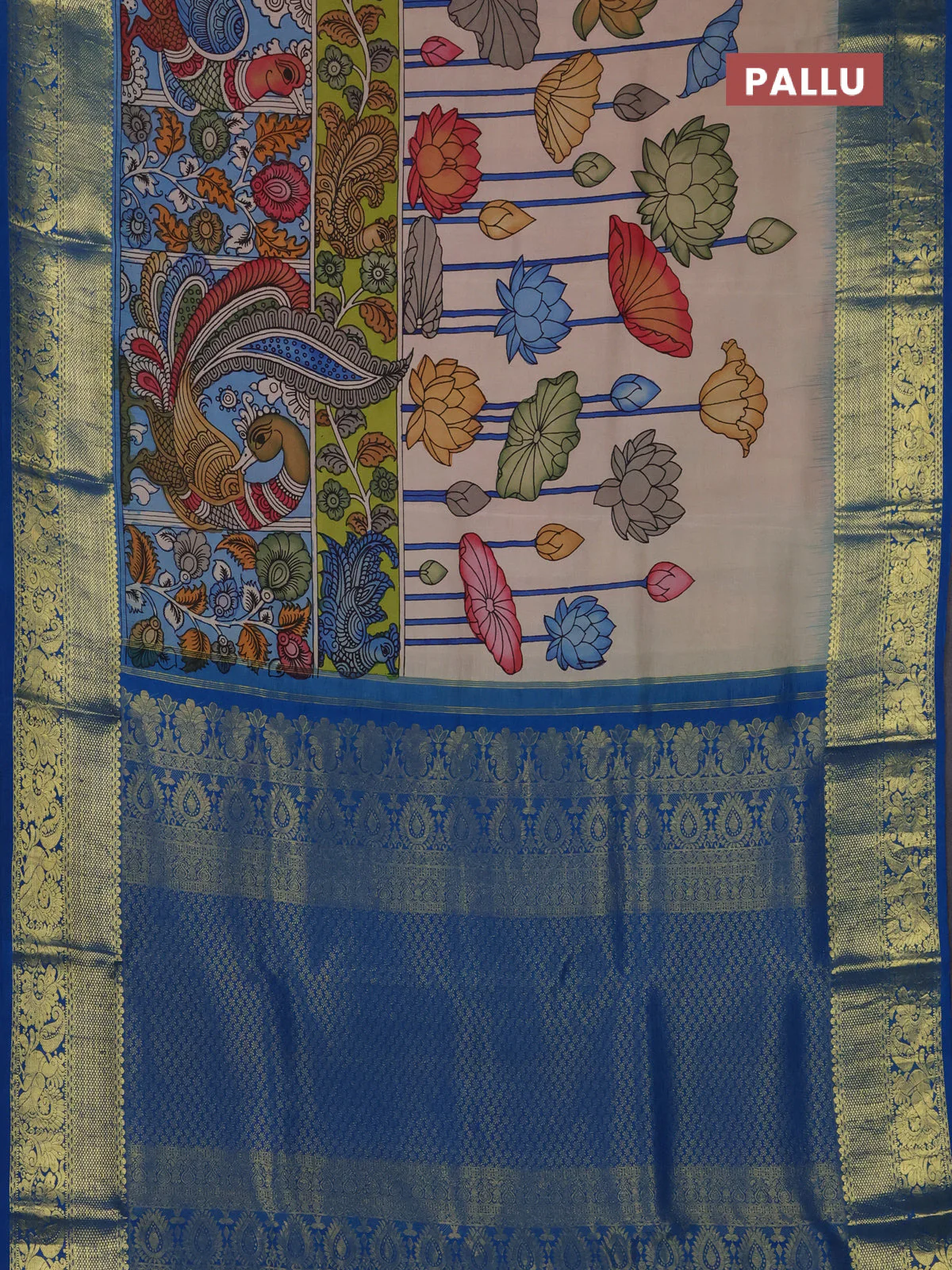 Pure kanchipuram silk saree beige and cs blue with allover penkalamkari prints and rich annam zari woven border - Image 3