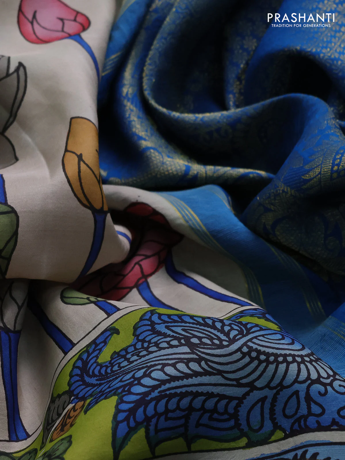 Pure kanchipuram silk saree beige and cs blue with allover penkalamkari prints and rich annam zari woven border - Image 4