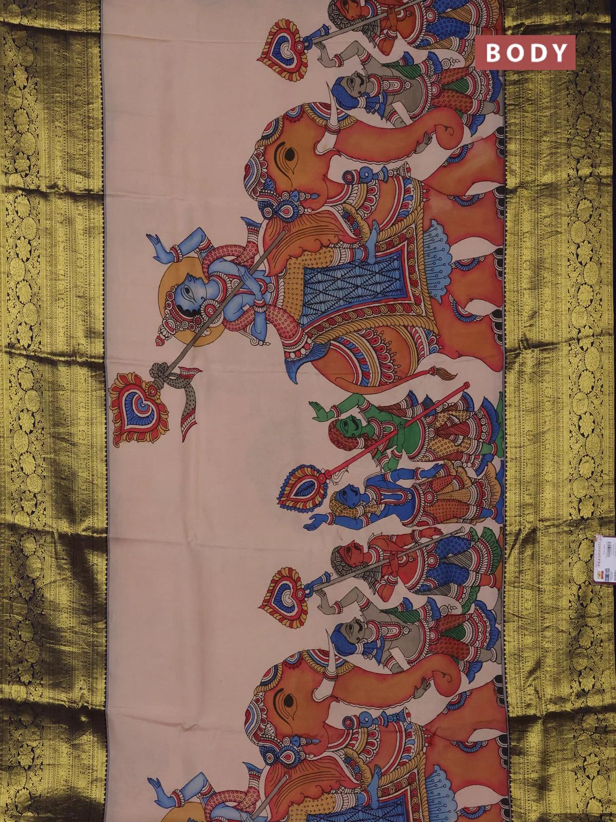 Pure kanchipuram silk saree beige and navy blue with allover penkalamkari prints and long rich lotus zari woven border - Image 2
