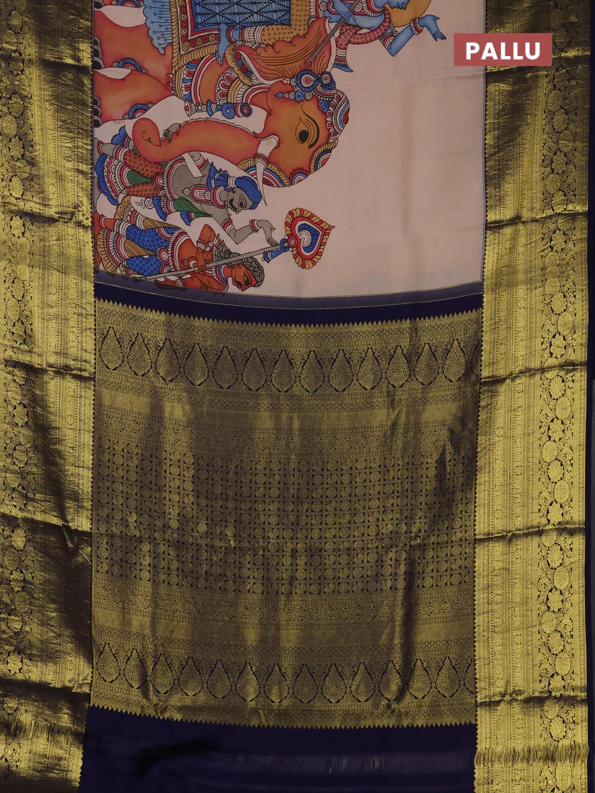 Pure kanchipuram silk saree beige and navy blue with allover penkalamkari prints and long rich lotus zari woven border - Image 3