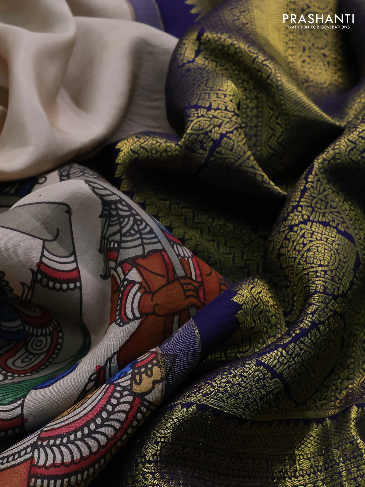 Pure kanchipuram silk saree beige and navy blue with allover penkalamkari prints and long rich lotus zari woven border - Image 4