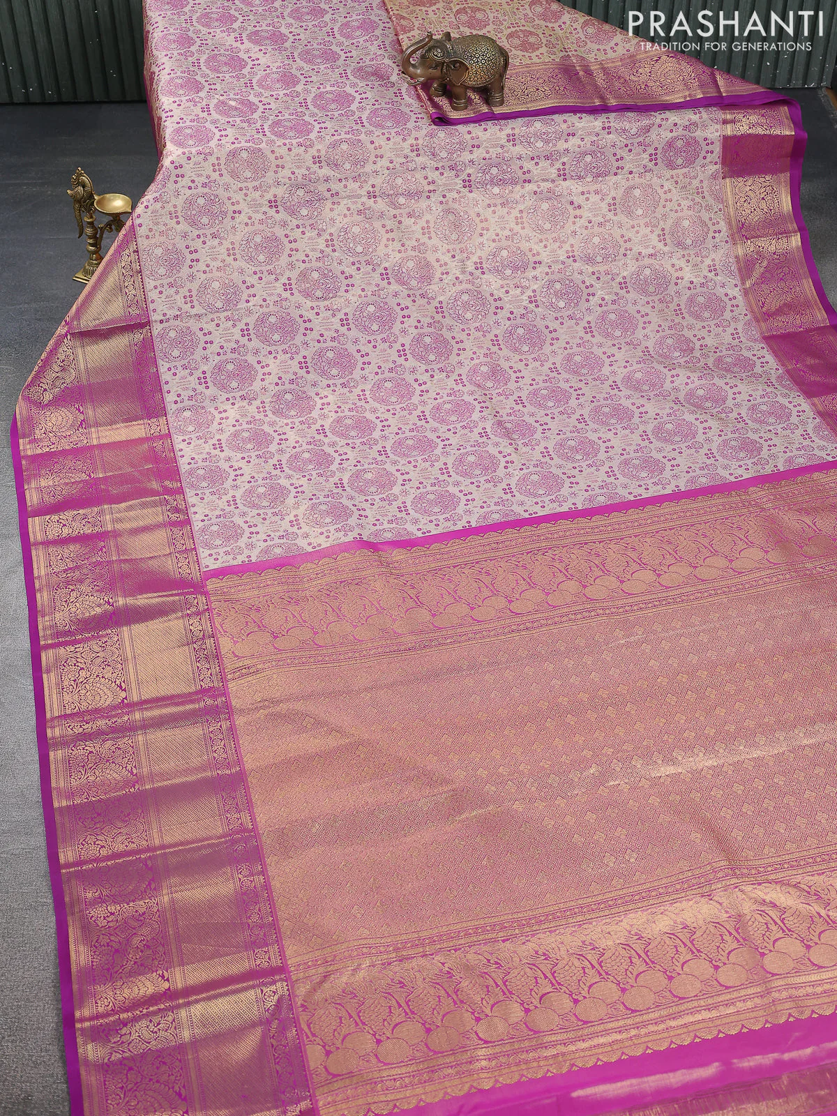 Kanchipuram silk saree beige and purple with allover zari woven brocade weaves and zari woven border - Image 2