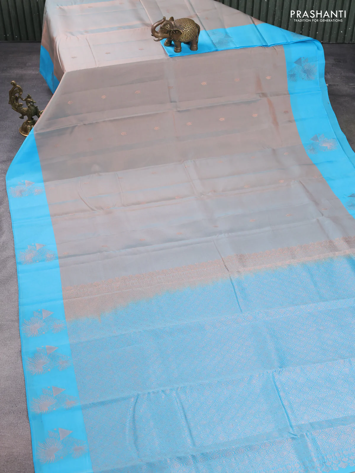Kanchipuram silk saree beige and teal blue with copper zari woven buttas and copper zari woven butta border - Image 2