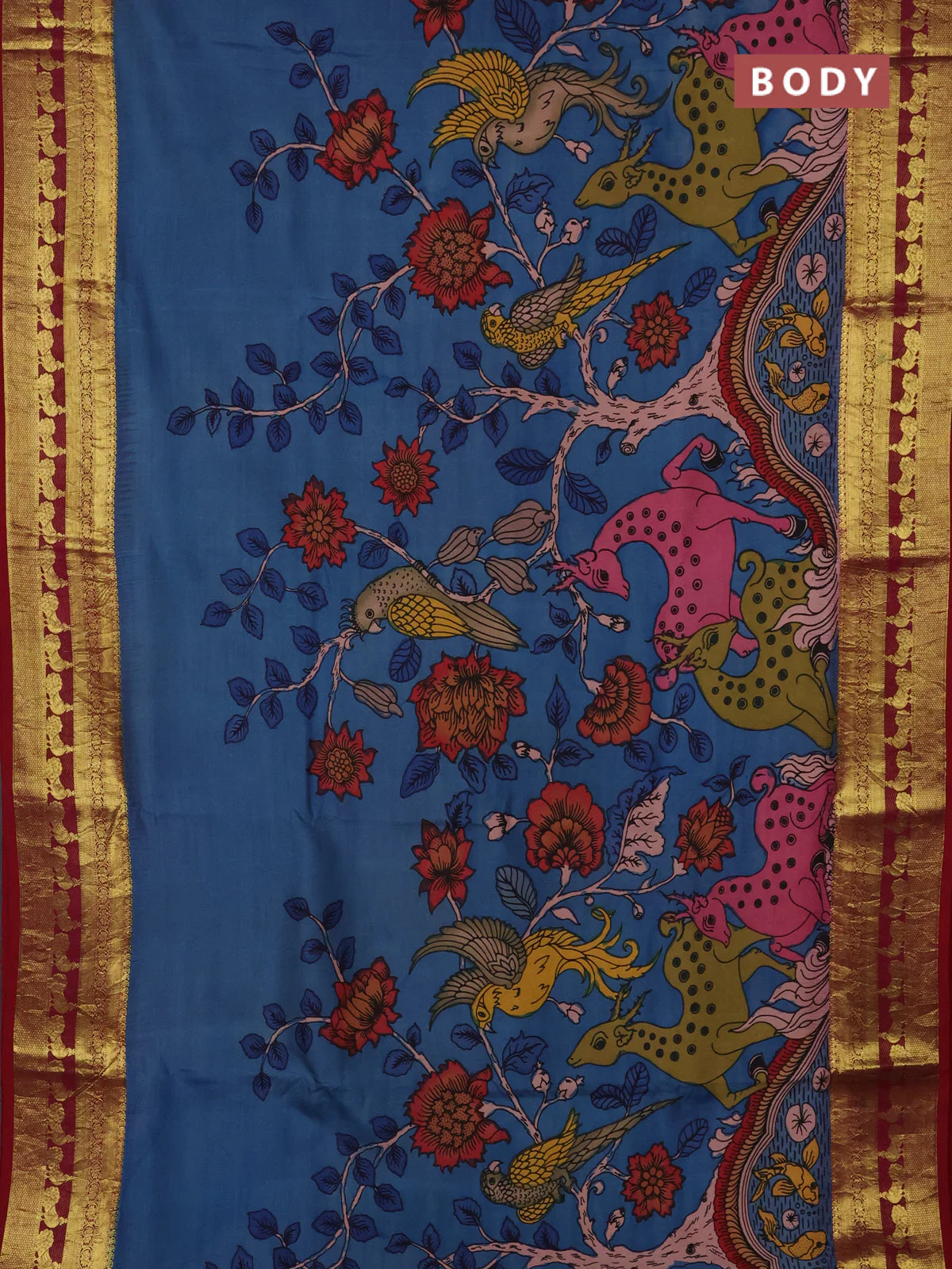 Pure kanchipuram silk saree blue and maroon with allover penkalamkari prints and peacock rich zari woven border - Image 2