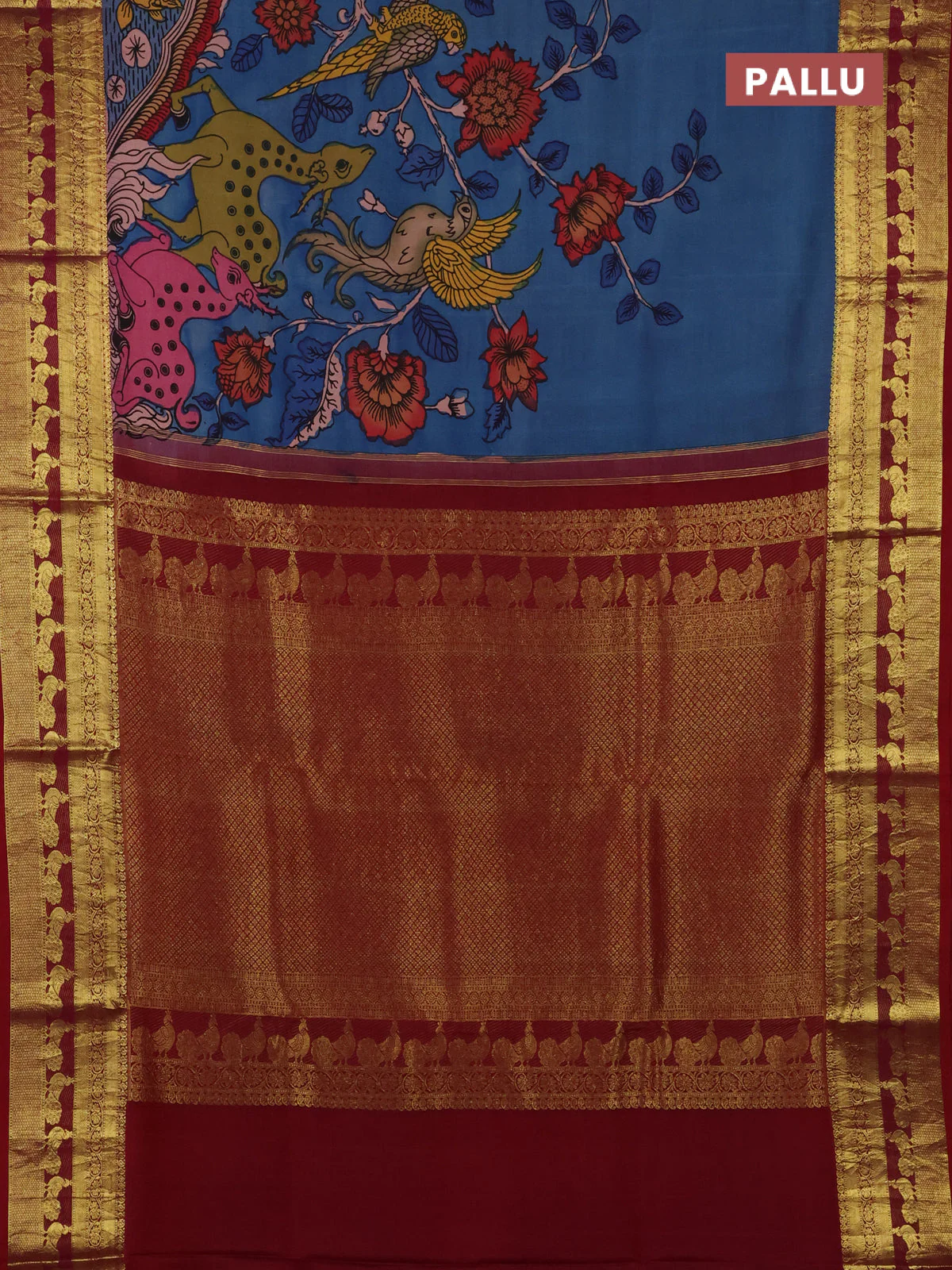 Pure kanchipuram silk saree blue and maroon with allover penkalamkari prints and peacock rich zari woven border - Image 3