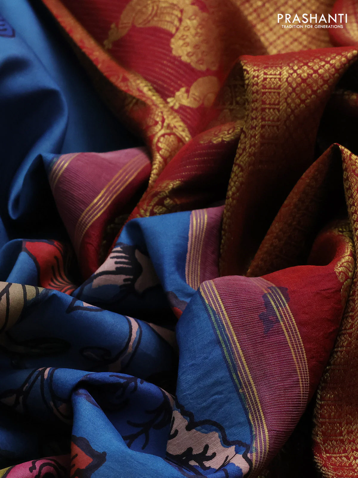 Pure kanchipuram silk saree blue and maroon with allover penkalamkari prints and peacock rich zari woven border - Image 4