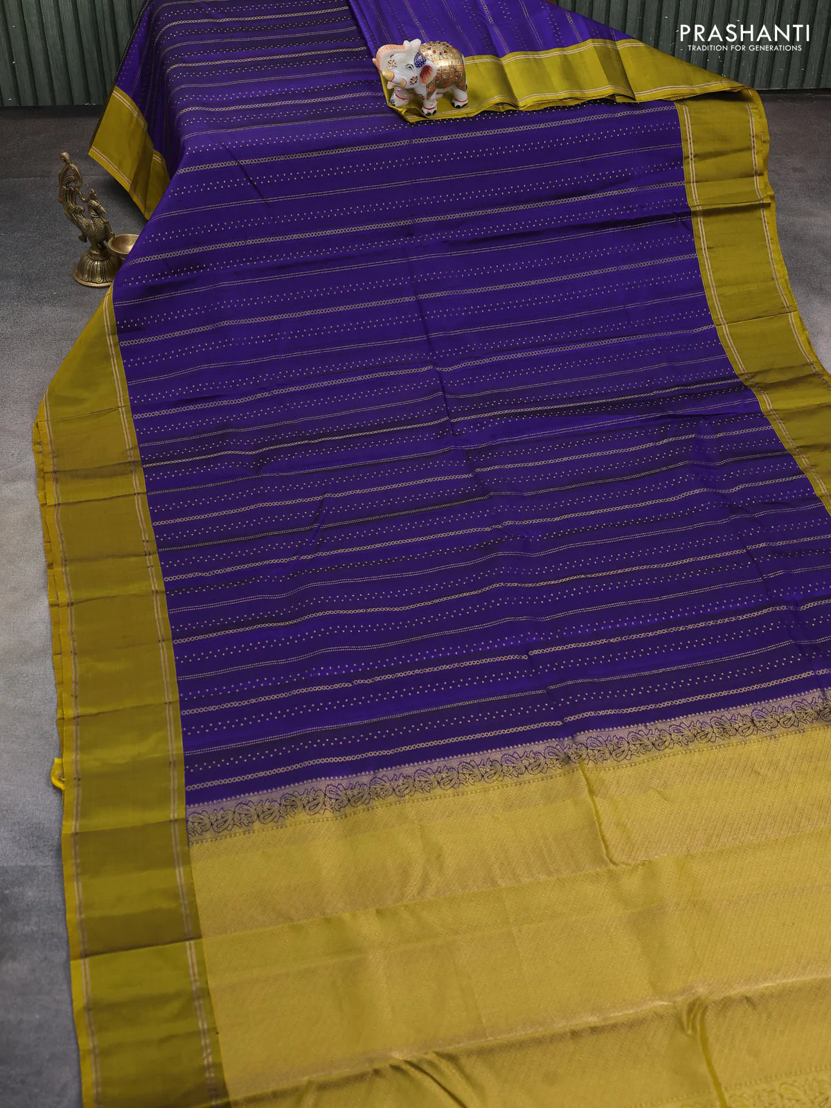 Kanchipuram silk saree blue and mehendi green with allover zari stripes patern & buttas and rettapet zari woven border - Image 2