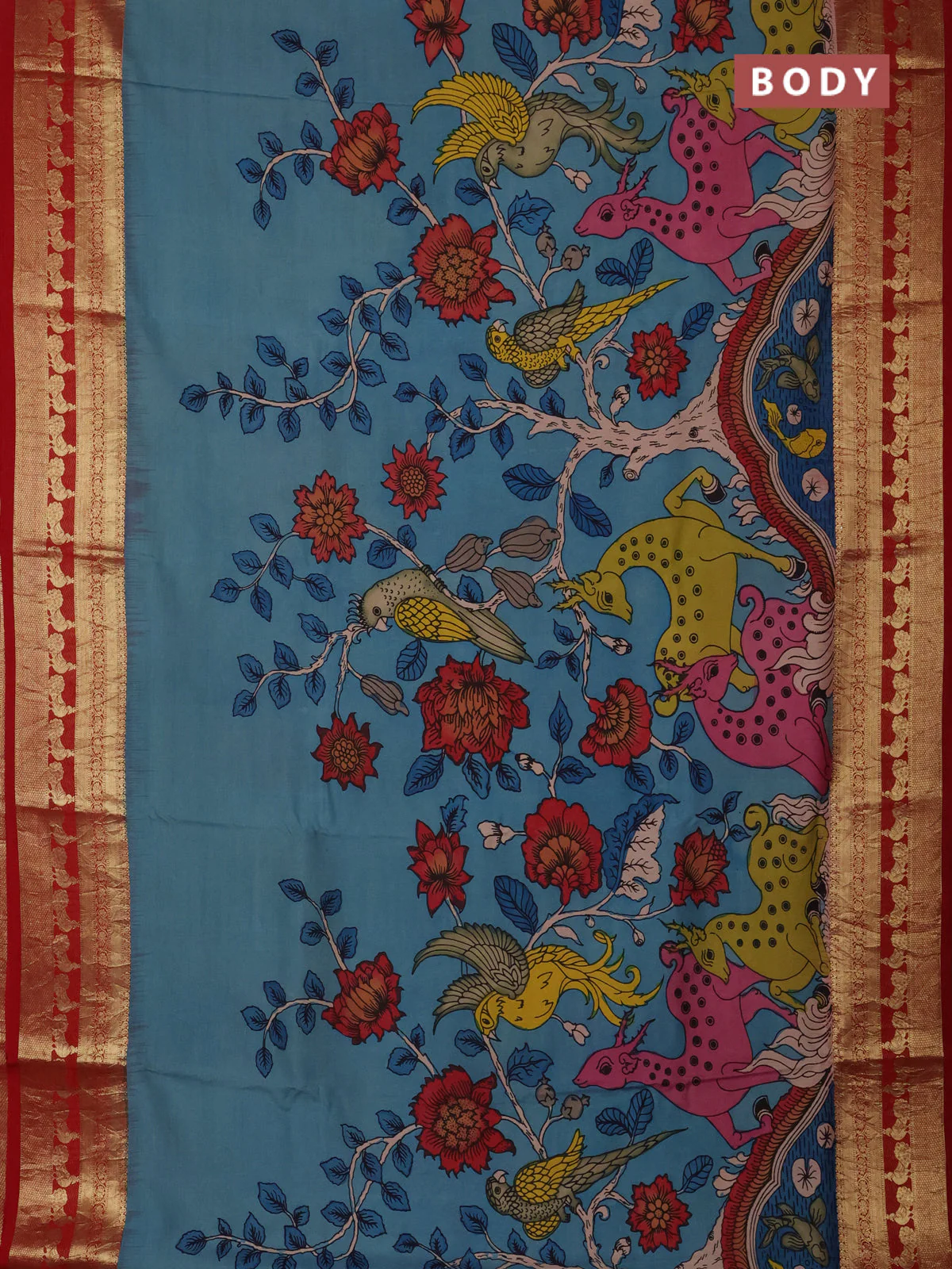 Pure kanchipuram silk saree blue and red with allover penkalamkari prints and rich peacock zari woven border - Image 2
