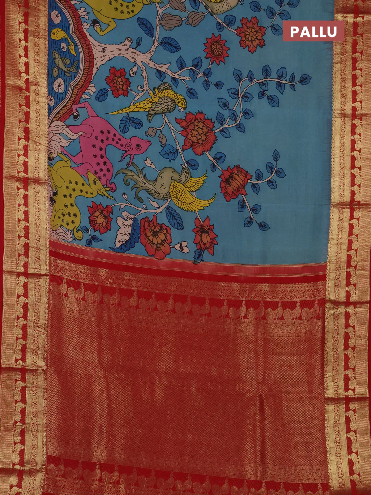 Pure kanchipuram silk saree blue and red with allover penkalamkari prints and rich peacock zari woven border - Image 3