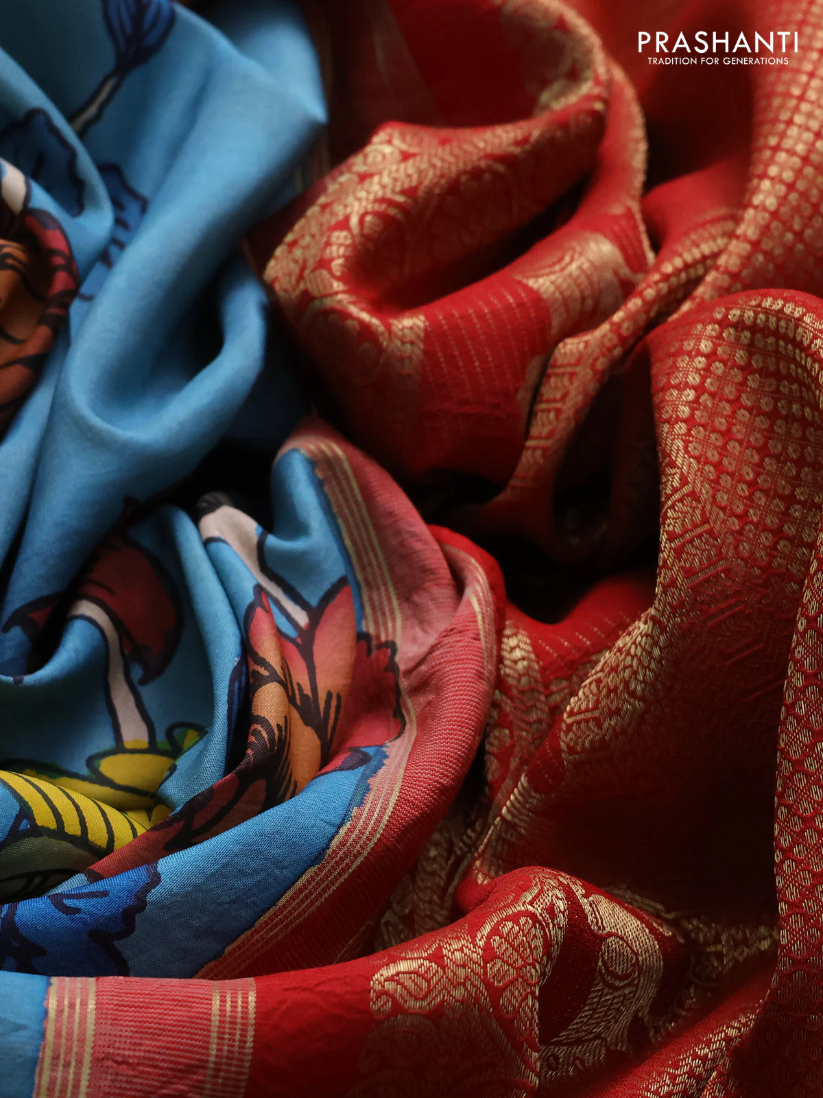Pure kanchipuram silk saree blue and red with allover penkalamkari prints and rich peacock zari woven border - Image 4