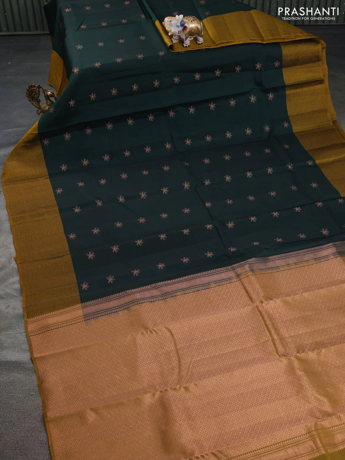Kanchipuram silk saree bottle green and dark mustard with copper zari woven buttas and self emboss border - Image 2