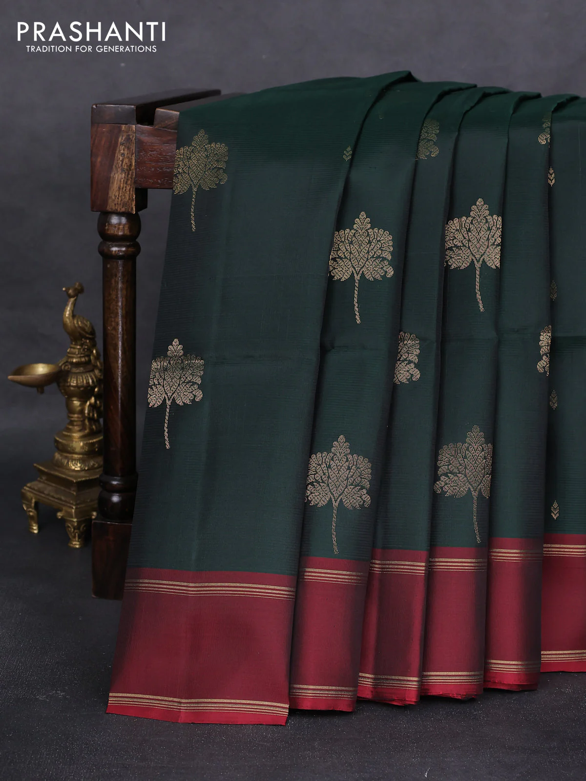 Kanchipuram silk saree bottle green and maroon with zari woven buttas and rettapet zari woven border