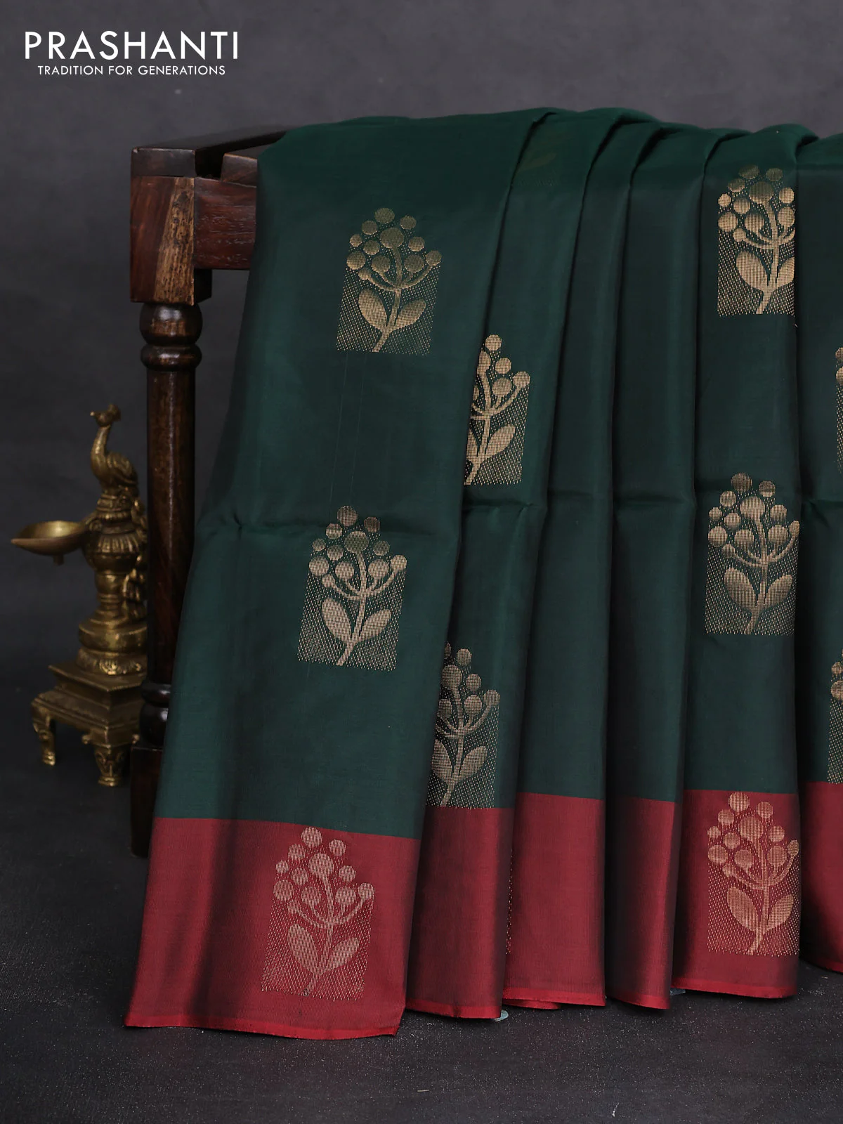 Kanchipuram silk saree bottle green and maroon with zari woven buttas and zari woven butta border